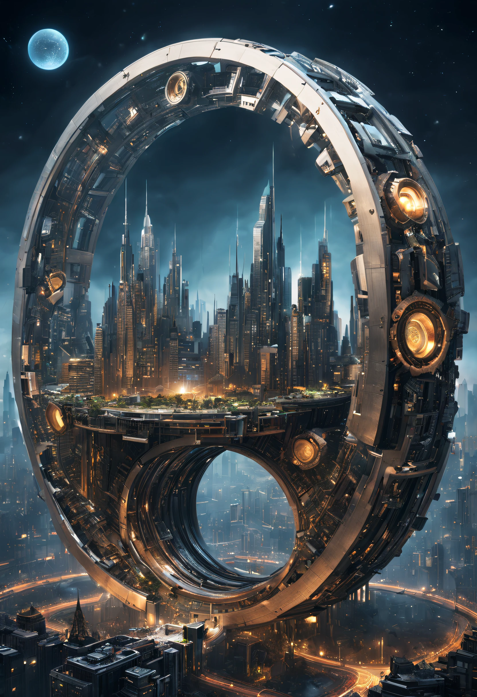 （Very unified cg scene design），（A ring-shaped future city suspended in the universe：1.1），（Nature and architecture are closely integrated）（Future tech houses neatly arranged in a ring）Complex structure，Complex gears，The texture is clear，Intricate patterns，glyphic，Titanium Alloy，Sophisticated construction，Ultra-complex structures，future human city，sci-fy，cyber punk personage，