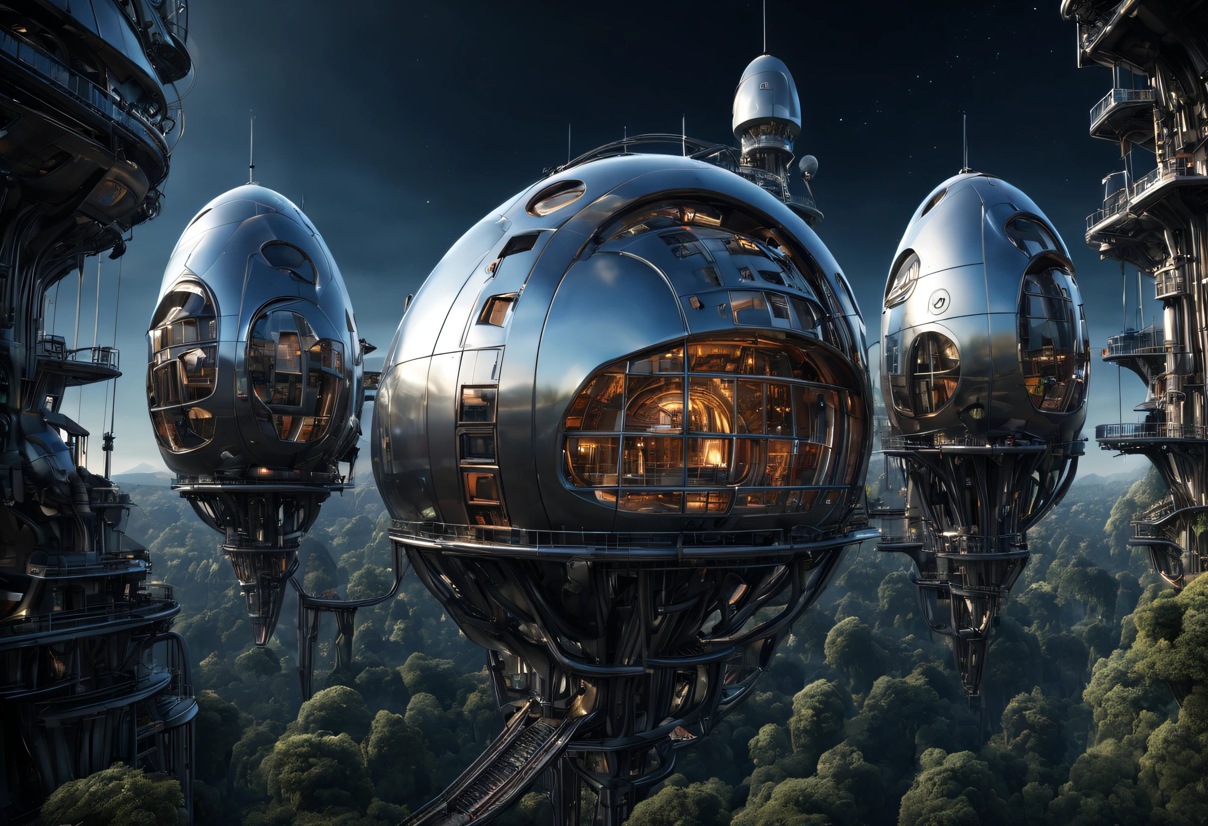 （Very unified cg scene design），（Many neatly arranged giant capsule-like titanium houses suspended in outer space），dream-like, sci-fy, Nature and architecture are closely integrated（giant capsule-like titanium houses hang neatly），（Completely symmetrical arrangement：0.8）（Each capsule-shaped titanium house looks exactly the same.：0.8），Embodying the principle of fairness in a utopian world，Complex structure，gear wheel，Titanium Alloy，Sophisticated construction，Ultra-complex structures，future people，sci-fy，Shoot from the bottom up，Background with：kosmos，