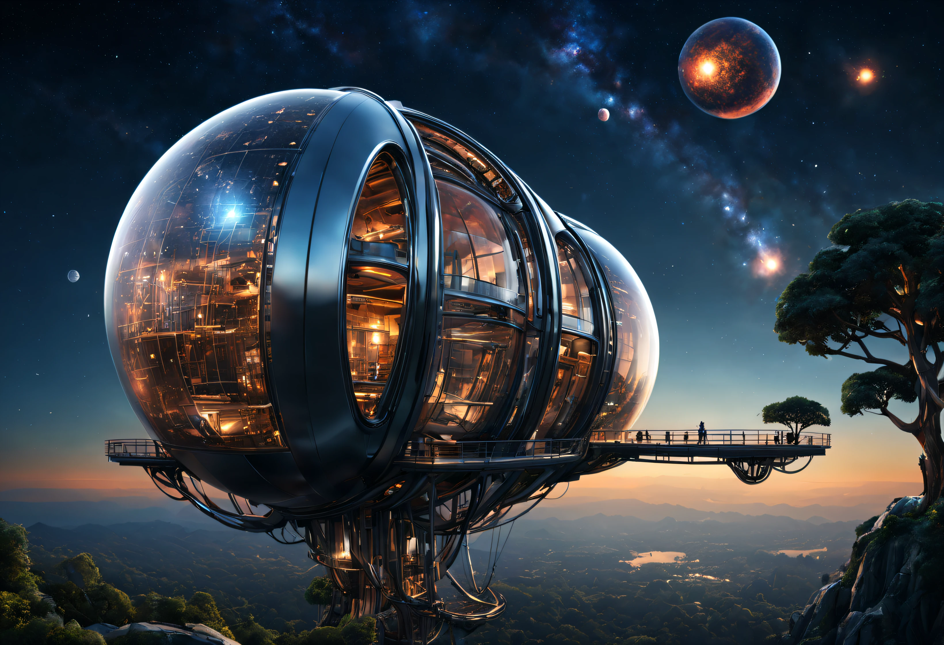 （Very unified cg scene design），（Many neatly arranged giant capsule-like titanium houses suspended in outer space），like a dream, sci-fy,（ Nature and architecture are closely integrated），（giant capsule-like titanium houses hang neatly），（Each capsule-shaped titanium house looks exactly the same.：0.8），Embodying the principle of fairness in a utopian world，Complex structure，gear wheel，Titanium Alloy，Sophisticated construction，Ultra-complex structures，future people，sci-fy，Shoot from the bottom up，Background with：cosmic starry sky