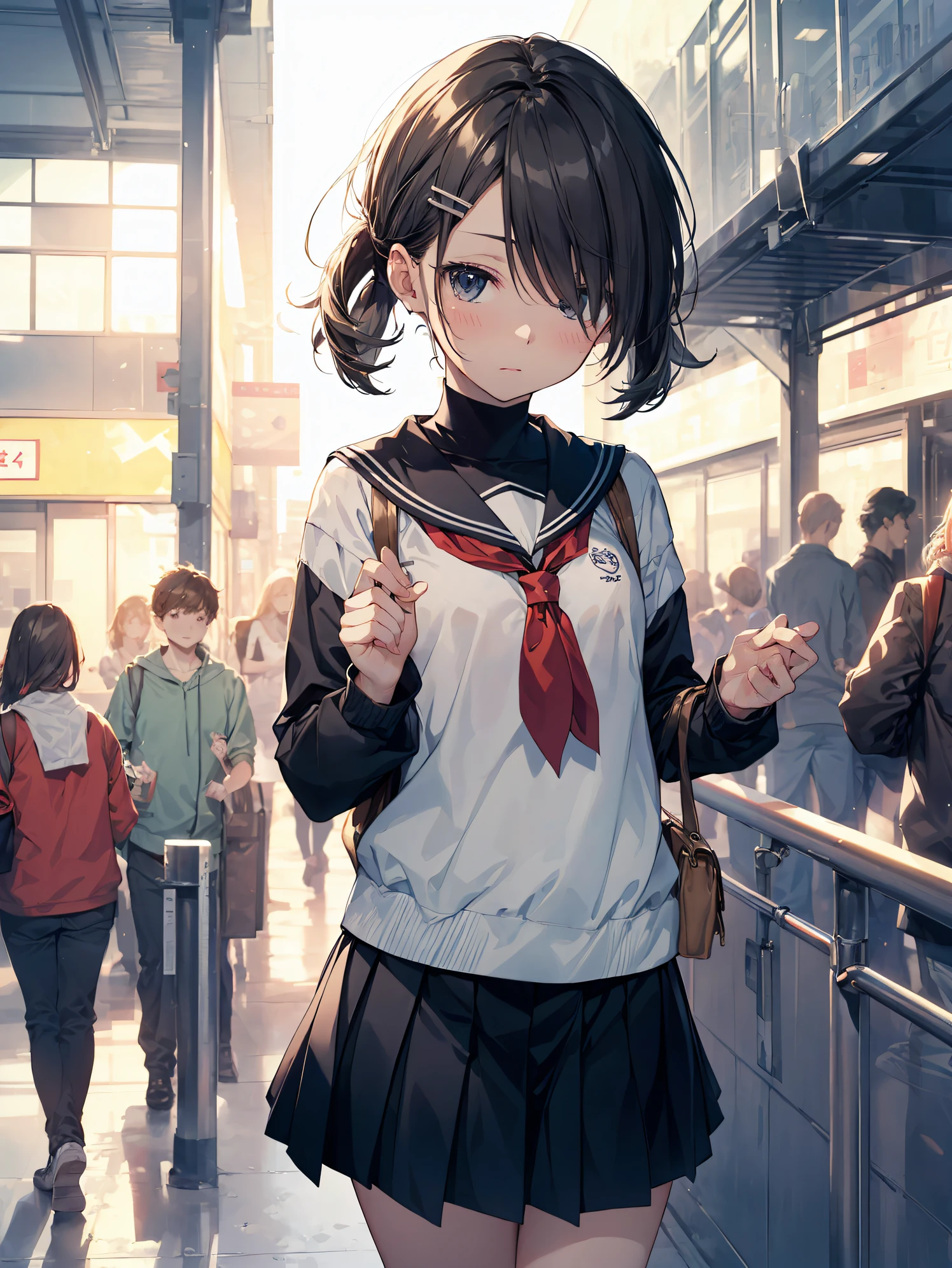 top-quality, anime moe art style,Best Anime 8K Konachan Wallpapers,Pixiv Contest Winner,Perfect Anatomy, (Draw a girl sleepily walking to school. ),BREAK, 1girl in, (Solo,Lori,child,15yo student:1.3),High school students, Short hair, Forehead, (Hair over one eye:1.4),Full limbs, complete fingers,medium breasts, groin, Small eyes,Precise black eyes, hair clips, Sailor Uniform, Skirt,Summer route to school. BREAK,Ultra-detailed,High resolution,super detailed skin, Professional Lighting,8k eye details, (Cute illustration:1.2),