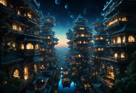 （Very unified cg scene design），Soft lighting，Shenguang lighting，
（Many neatly arranged giant square platinum houses suspended in...