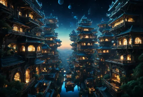 （very unified cg scene design），soft lighting，shenguang lighting，
（many neatly arranged giant square platinum houses suspended in...