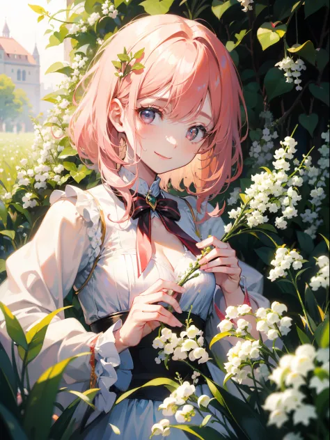 (masterpiece), best quality, ultra high res, sharp focus, a beautiful woman in flower pink lily of the valley garden, looks at t...