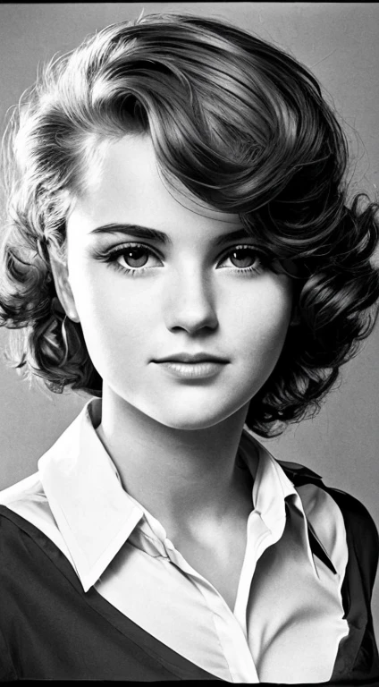 Realistic 80s photo on monochrome film; young plump Russian woman 38 years old, beautiful proportional round face, round cheeks, Round chin, Big shiny brown eyes, eyeglasses, parted sensual lips, Serious, Tired look, calm pleasant smile, medium length brown thick tousled hair (80s punk hairstyle); short plump body, very small breasts with large nipples (Nipple erection), without underwear, White translucent silk shirt with a loose fit and top button undone...., A tired look at the camera, (upper-body), natural light; Monochrome image