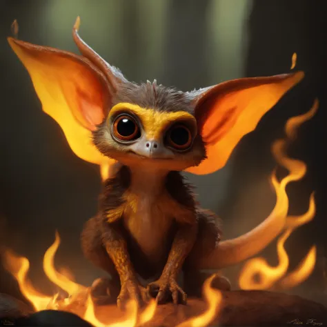 gremlin, swallow, Huge eyes, large ears, trunk-shaped nose, bright orange and brown, long tail, engulfed in yellow flames, flame clothes, Best Quality, Masterpiece, in style of dark fantasy art