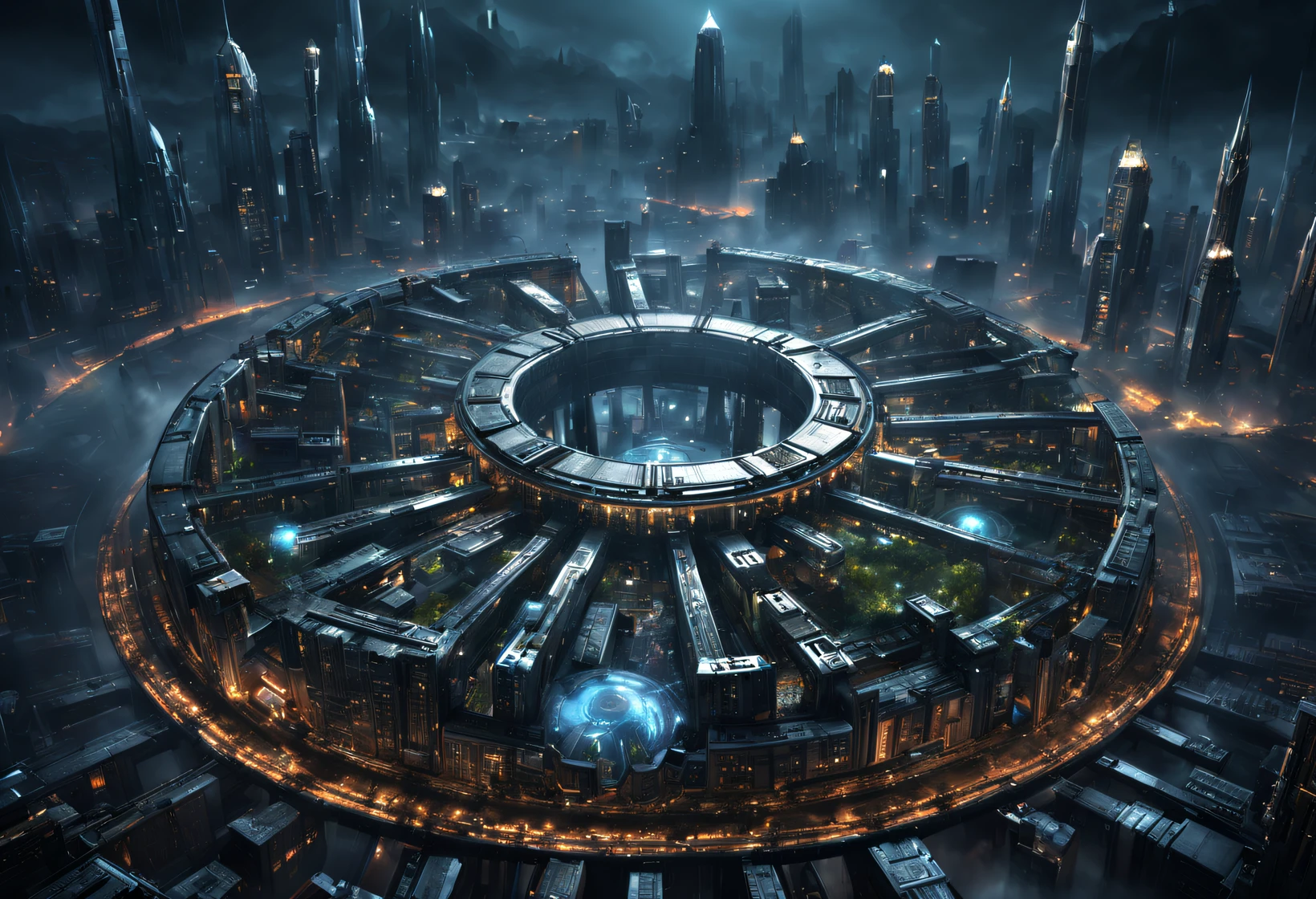 （Very unified cg scene design），（A ring-shaped future city suspended in the universe：1.1），（Nature and architecture are closely integrated）（The tech houses of the future are neatly arranged in a ring）Complex structure，Complex gears，The texture is clear，Intricate patterns，glyphic，Titanium Alloy，Sophisticated construction，Ultra-complex structures，future human city，sci-fy，cyber punk personage，