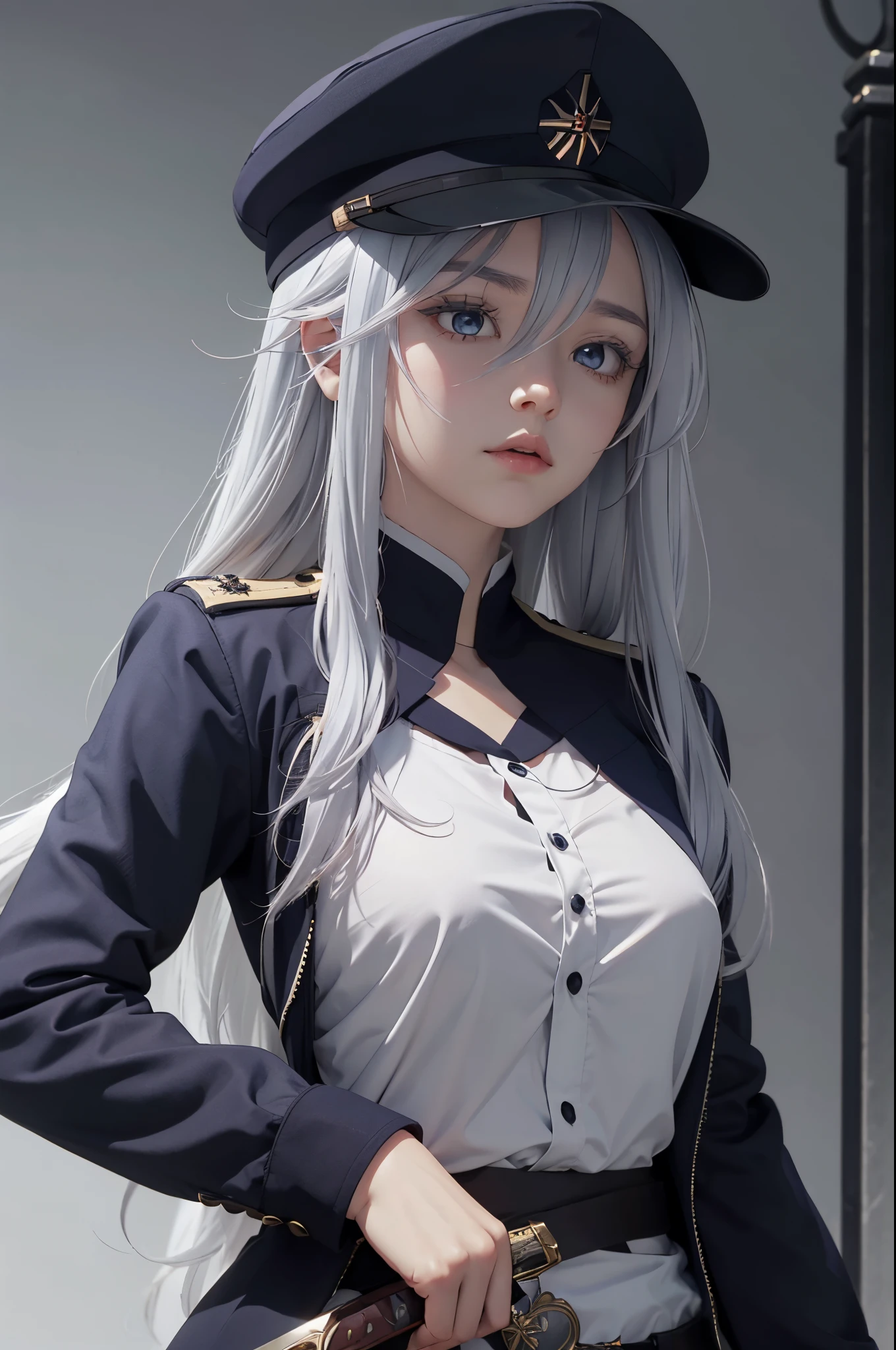 VladilenaLora, 1girl, long hair, looking at viewer, blue eyes, shirt, long sleeves, hat, hair between eyes, closed mouth, jacket, white shirt, weapon, grey hair, multiple boys, sword, uniform, grey eyes, military, military uniform,