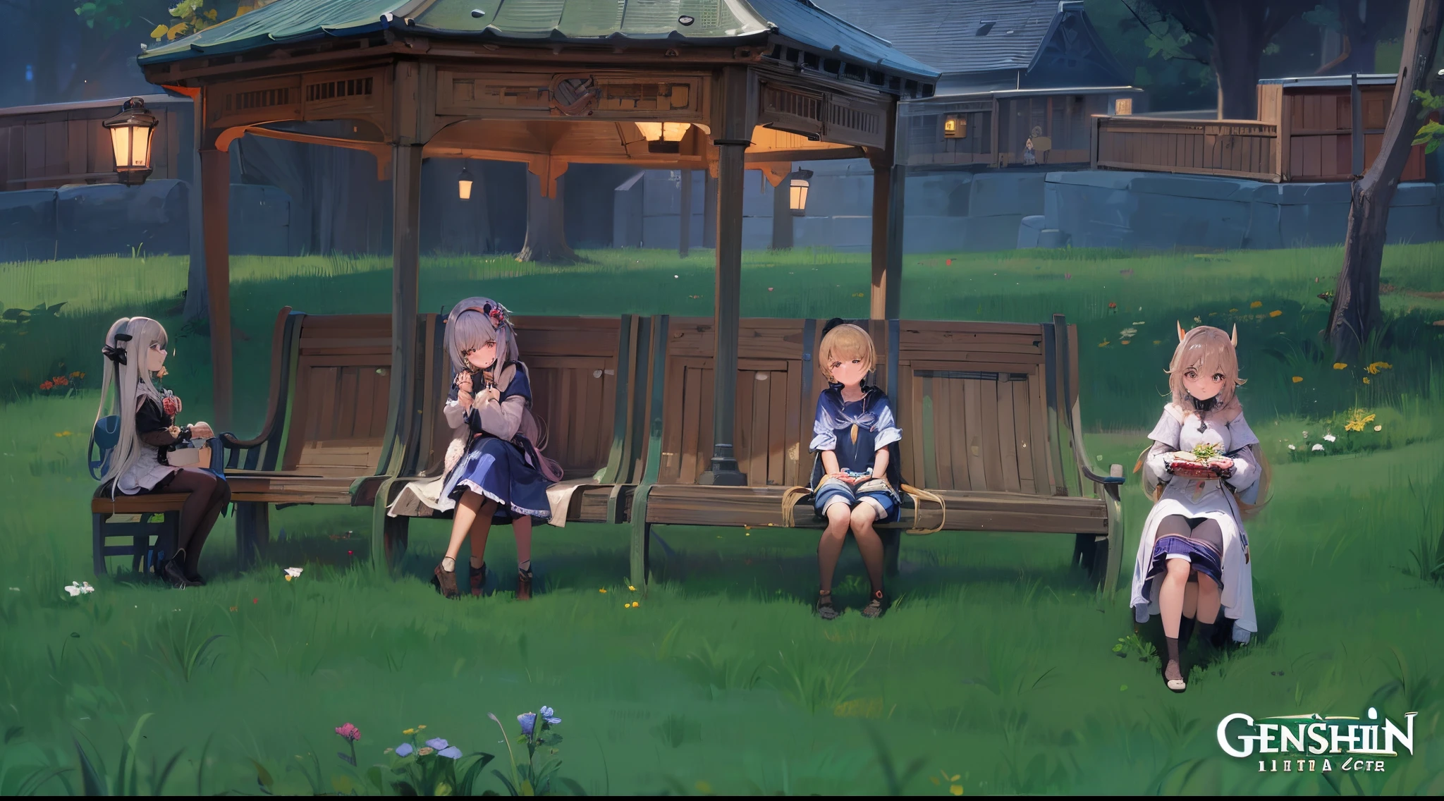 three anime girls in costume are sitting on a bench in a field, Impacto de Ayaka Genshin, ayaka jogo genshin impact, genshin impact style, azur lane style, pc screenshot, videogame screenshot>, stylized anime, from the azur lane videogame, Floating robes, in - game, in-game, anime style like fate/stay night