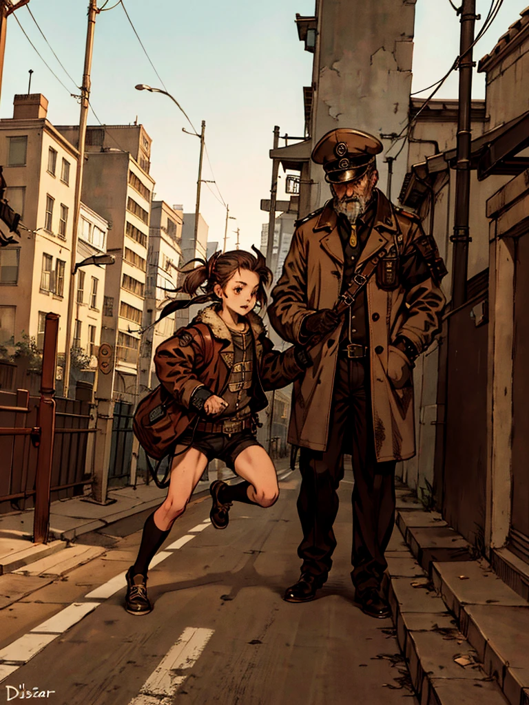 Obdachloses Mädchen auf der Flucht vor einem Diktator vor einem Fantasy-Steampunk-Hintergrund