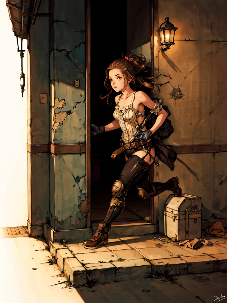 Obdachloses Mädchen auf der Flucht vor einem Diktator vor einem Fantasy-Steampunk-Hintergrund