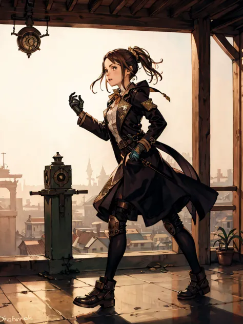 Homeless girl running from dictator in a fantasy steampunk background
