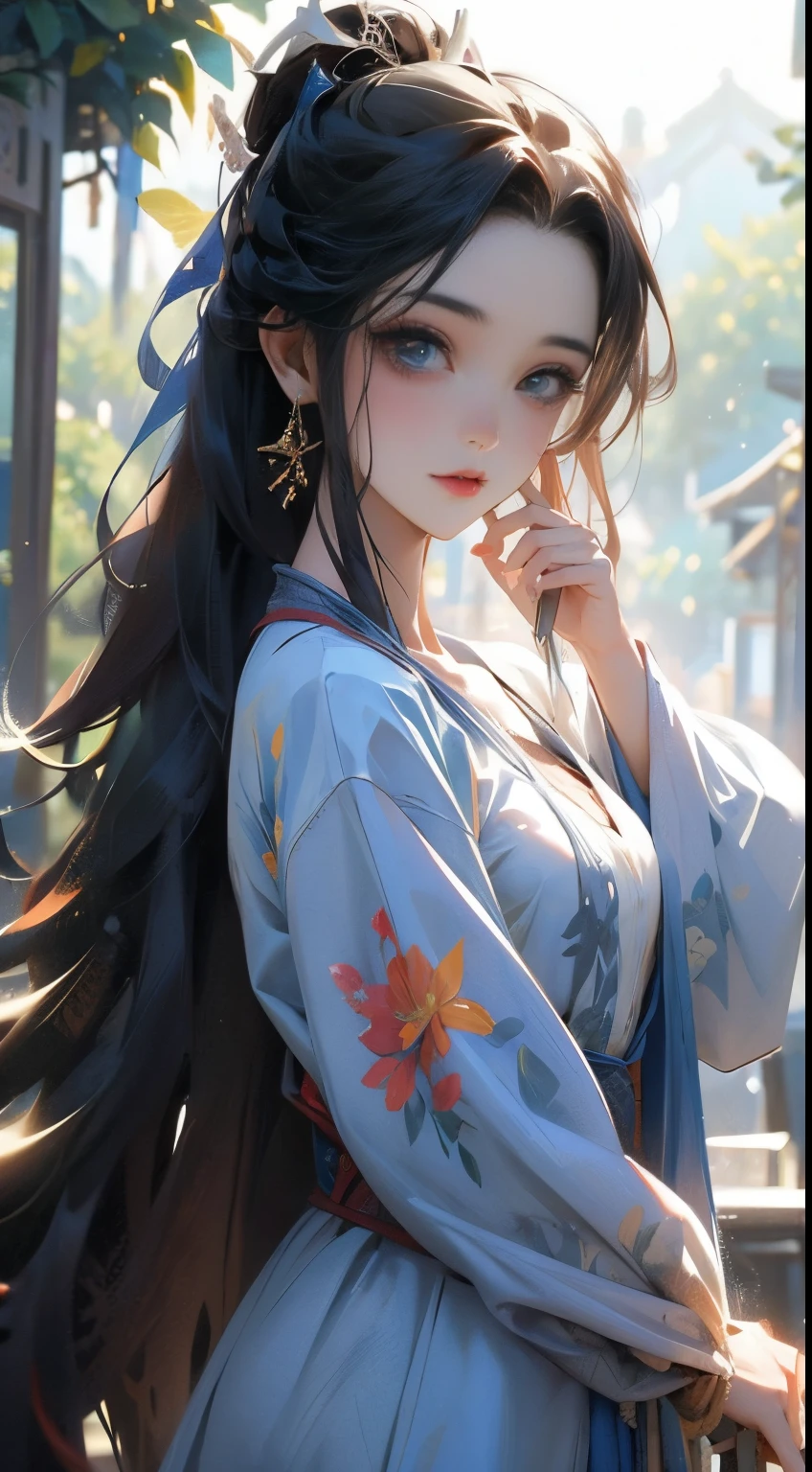 A woman in a blue dress with long hair and a flower in her hair - SeaArt AI