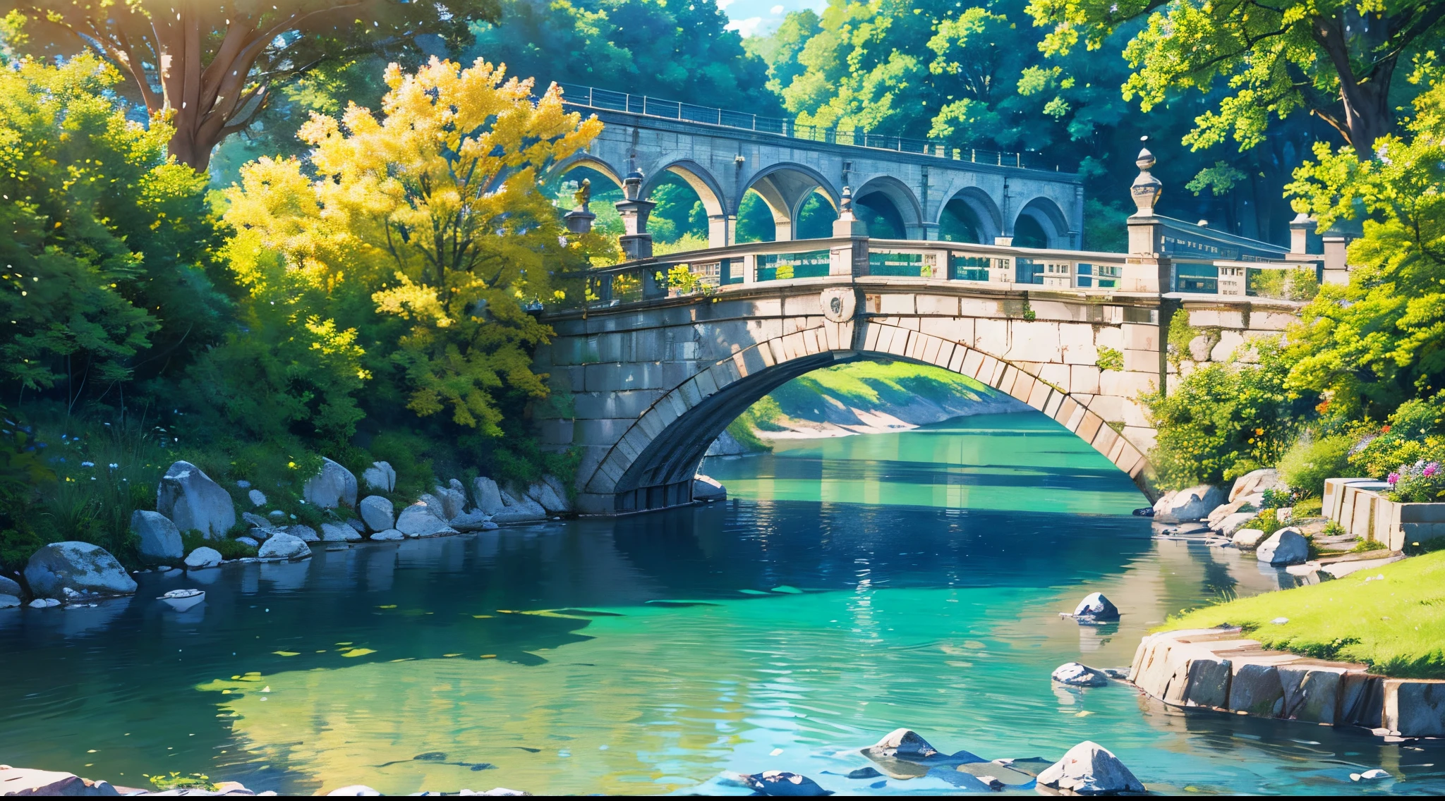 Abreviar, A luz do sol brilha, rio Melhor qualidade, ultra-detalhado, ponte fotorrealista com luz solar brilhando sobre ela, refletindo no rio. A ponte é feita de pedra e possui detalhes e texturas intricados. A luz solar cria um brilho quente e dourado, tornando a cena vibrante e animada. O rio corre por baixo da ponte, com ondulações e ondas suaves. A água é cristalina, mostrando o reflexo da ponte e da paisagem circundante. A ponte é cercada por uma vegetação luxuriante, com árvores, flores, e grama. O cenário é tranquilo e sereno, convidando o espectador a dar um passeio pela ponte e apreciar a beleza da natureza.