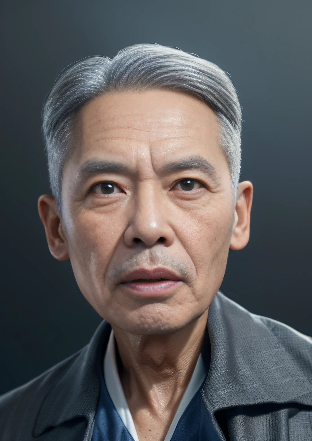 ((masterpiece), (best quality), (raw photo), (photorealistic:1.4), Highly realistic photo, Portrait of a 75 year old Vietnamese old man, ((black suit and shirt)), ((gray hair)), The light from above shines down, (dark blue background), photo taken in 1975 by Fujifilm XT3