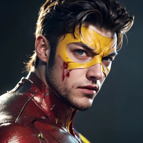 a close up of a man with blood on his face and hands, taron egerton as wolverine, comic book character, cyclops, cinematic action shot, realistic cosplay, cinematic bust shot, professional cosplay, cinematic body shot, wearing red and yellow hero suit, dam...