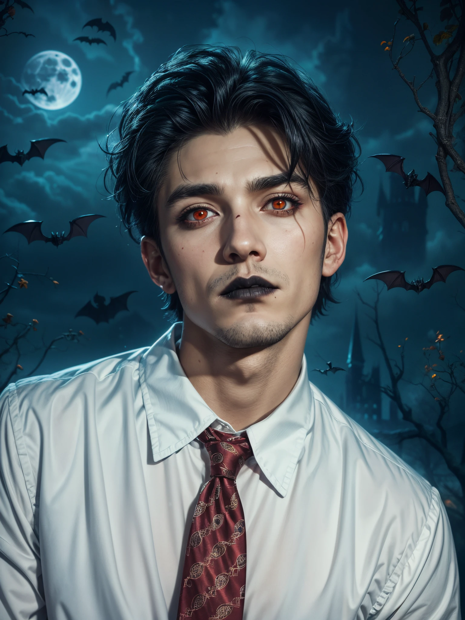 arafed man in a white shirt and red tie posing for a picture, (masterpiece),(vampire),(unrivalled quality:1.4), ultra-high resolution,hyperrealistic, dark fantasy portrait, (sharp focus:1.1), photo of a vampire,gothic horror vibes, Guweiz-style art, dark fantasy mixed with realism, gothic aesthetic, gothic art style,HalloweenGlowStyle,red eyes,black lips,bats, gothic architectural style, full moon, moonlight,clean face