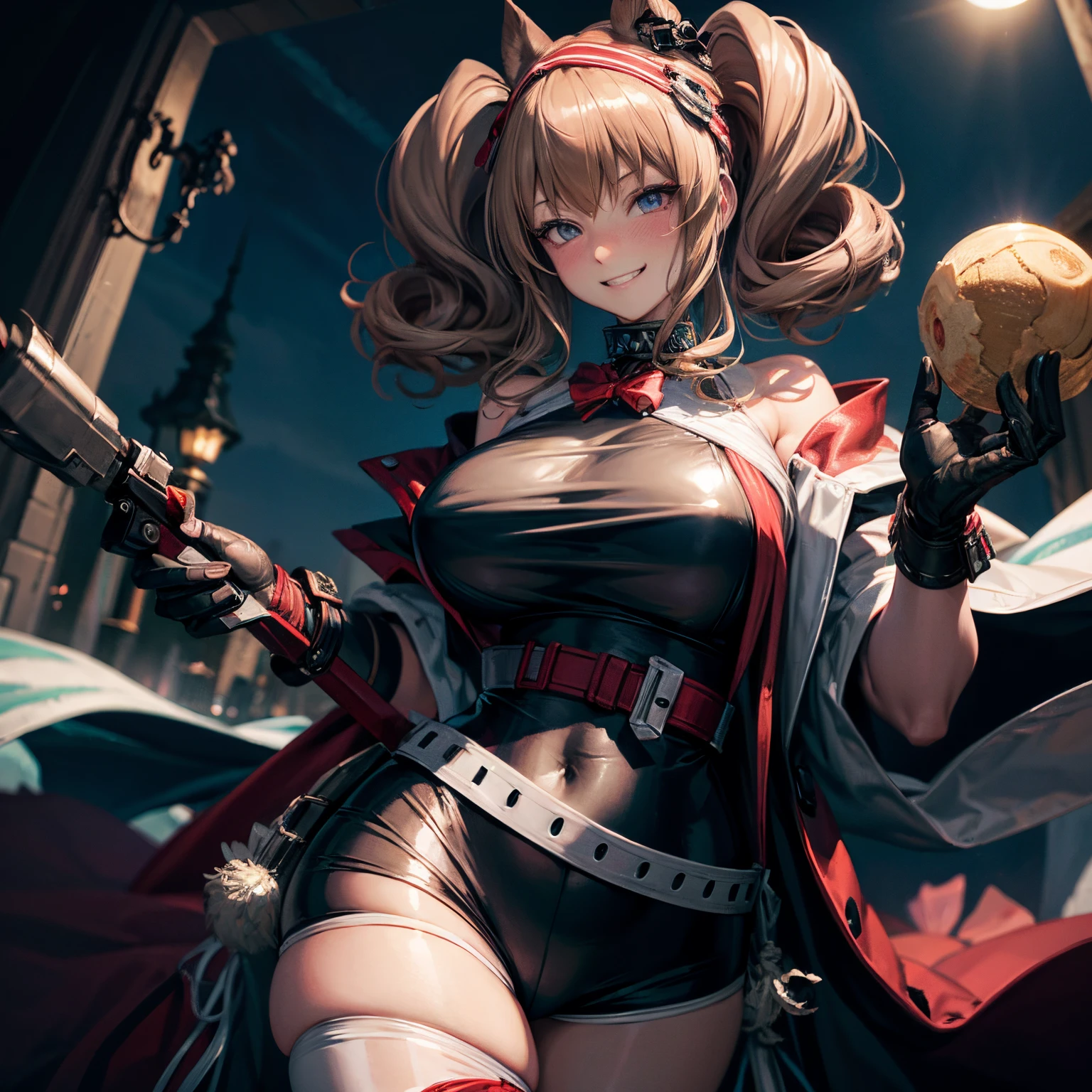 1个Giant Breast Girl, (medicine melancholy, Blonde hair, short detailed hair, curlies, silver-blue eyes, thick eyeslashes, Red Belt, red bowtie, black shirt, reddress, Bubble skirt, skirt with frills), Lily of the valley flower field, gigantic cleavage breasts, gigantic ass, Thigh thick, Wide hips, looking at viewert, seductive grin smile,