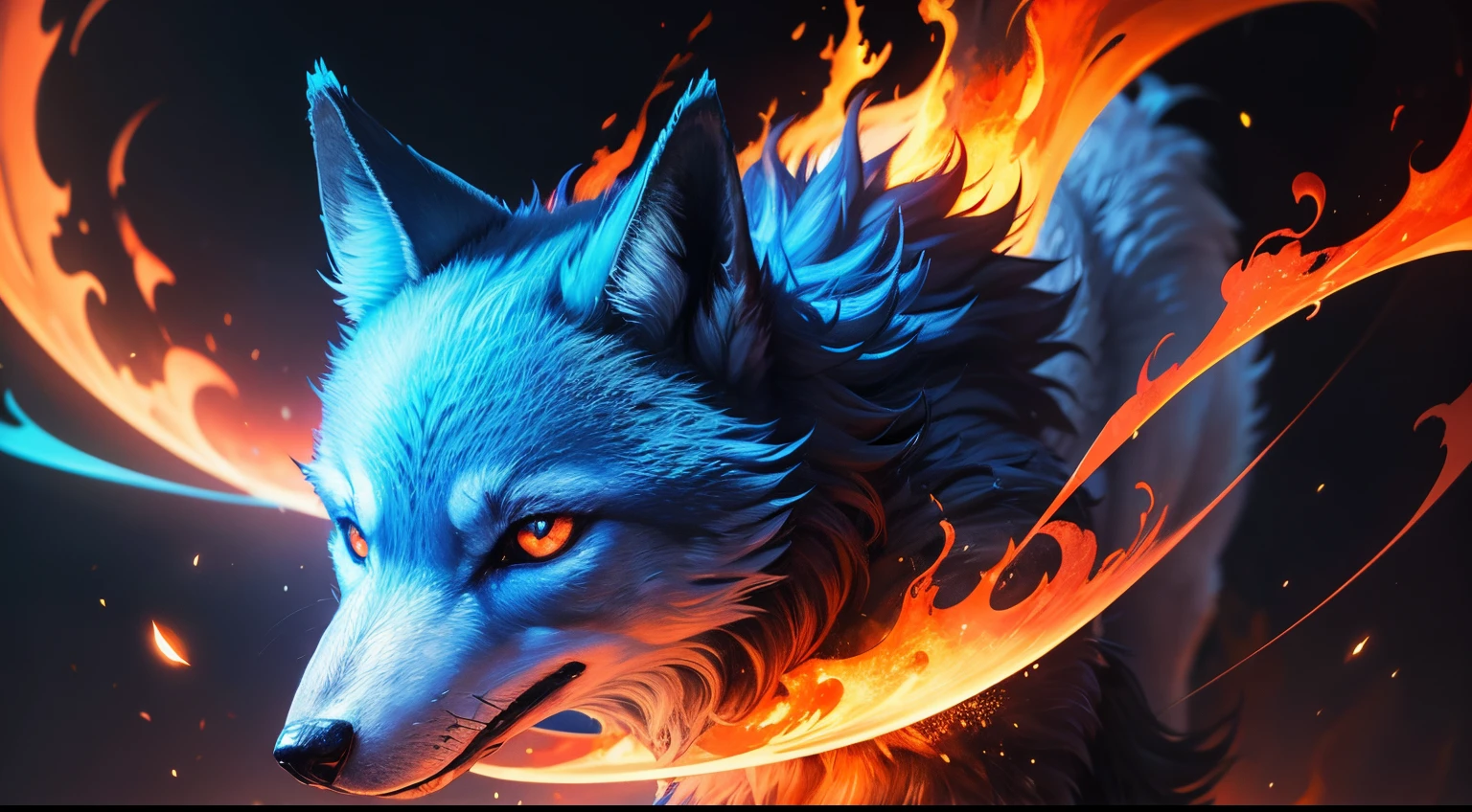 Un loup en flamme, flamme bleu, yeux rouges, realiste, dans l'espace.