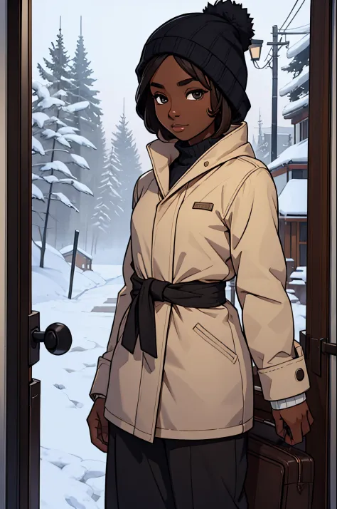 Masterpiece, best quality, 1 girl, dark skin, small chest, petite, winter clothes, black eyes