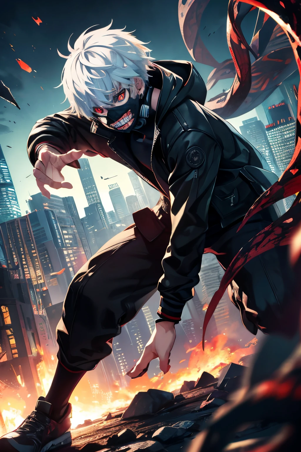 8k, anime, portrait, best quality, ultra high res, ultra detailed, high contrast color tone, extremely detailed lighting, soft lights, (masterpiece, high quality:1.4), (kaneki ken, white hair, red and black eye, mask | teeth, blood eyes, black jacket, scorpio tentacles), blood, ((full body)), (dynamic pose), ruined city background, thrilling, (fierce face)