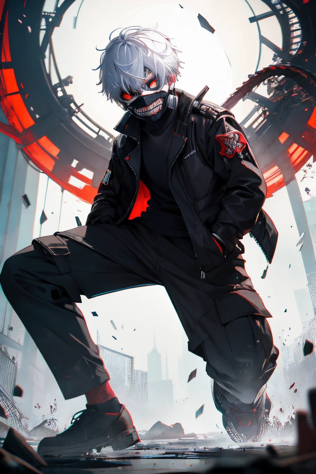 8k, anime, portrait, best quality, ultra high res, ultra detailed, high contrast color tone, extremely detailed lighting, soft lights, (masterpiece, high quality:1.4), (kaneki ken, white hair, red and black eye, mask | teeth, blood eyes, black jacket, scorpio tentacles), blood, ((full body)), (dynamic pose), ruined city background, thrilling, (fierce face)