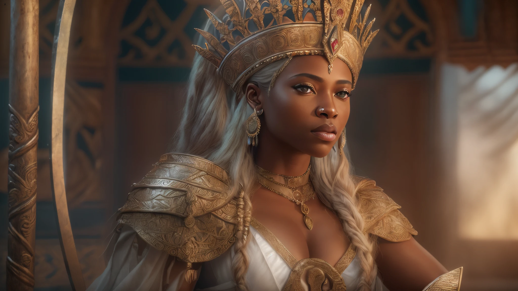 (best quality,4k,8k,highres,masterpiece:1.2),ultra-detailed,(realistic,photorealistic,photo-realistic:1.37), portraits, HDR, vivid colors, studio lighting, sharp focus, blonde white woman as queen, ancient clothing, muscular African men, metal spear, throne