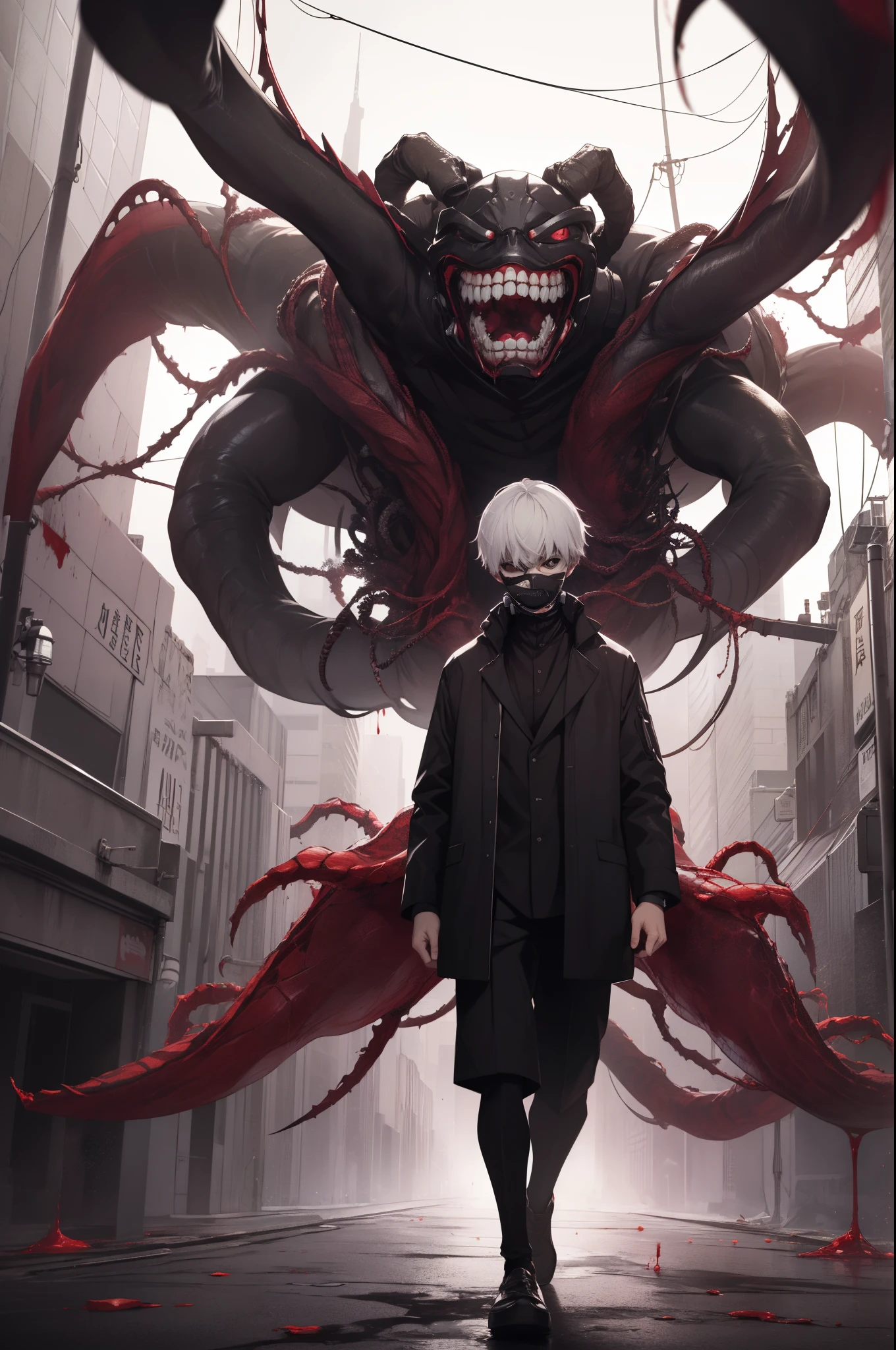 8k, anime, portrait, best quality, ultra high res, ultra detailed, high contrast color tone, extremely detailed lighting, soft lights, (masterpiece, high quality:1.4), (kaneki ken, white hair, red and black eye, mask | teeth, blood eyes, black jacket, scorpio tentacles), blood, ((full body)), (dynamic pose), ruined city background, thrilling, (fierce face)