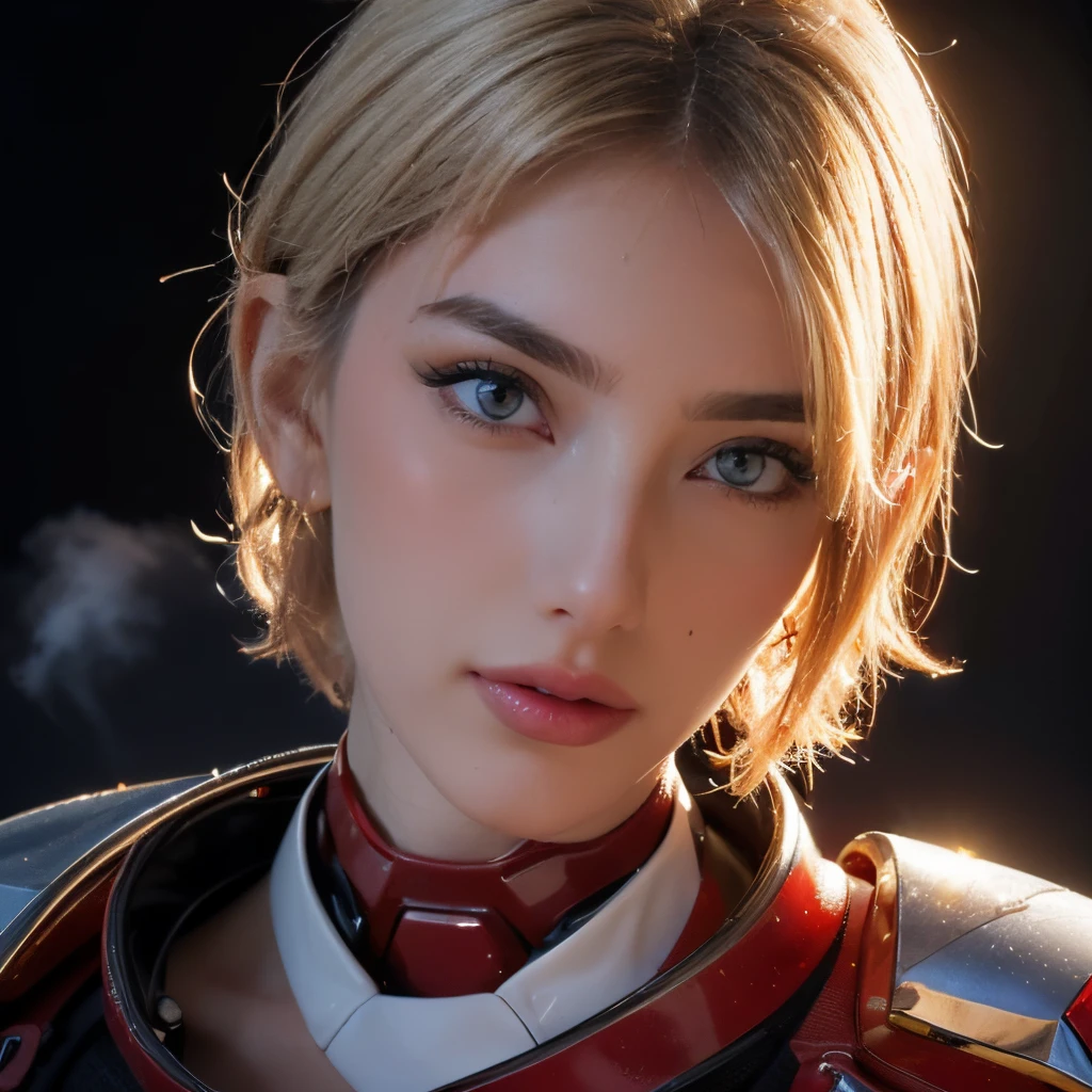 ((masterpiece)), 8k cg, best quality, intricate details, chromatic aberration, ((bust shot)), ((looking at the viewer)), 1girl, Caucasian, ((Character((strong girl)), confident smile, closed mouth, thin lips)), (red eyes), ((Narrow eyes, hyper detailed eyes, (((scarlet red eyes))))), lens flare, ((chiseled facial features, tom boy, ((sharp eyes, strong face, mature, fierce facial features)), strong jaw, square jaw, skinny face, thick eyebrows, (very short hair, ((golden blonde hair color)), choppy bangs, shiny hair,), full of life, ((White Cybernetic armor, White body suit)), ((B Cup breasts, wide shoulders, hourglass figure, thin neck)), absurdres, cinematic lighting, dynamic lighting, fantasy, ((dark background, stars, fog))