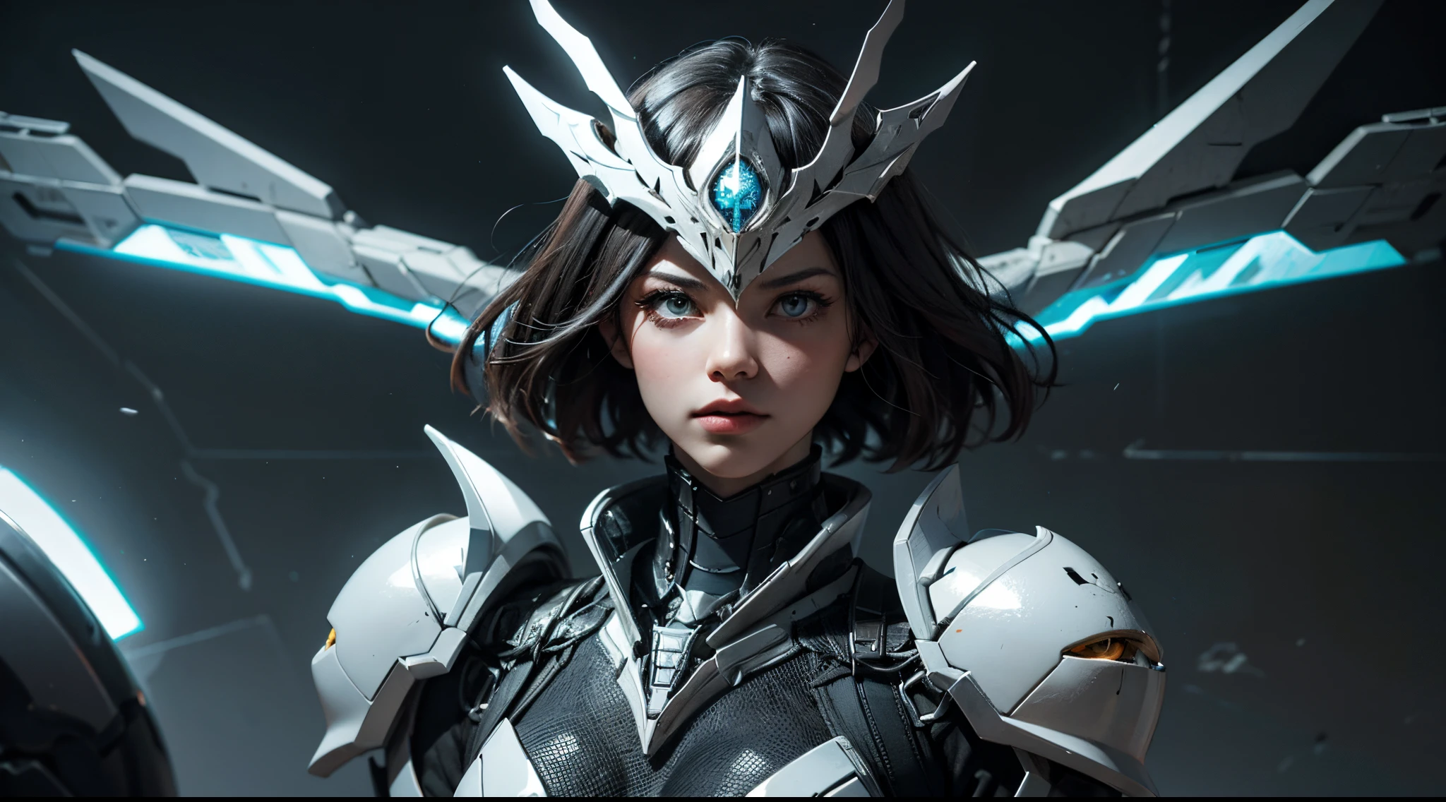 Asian woman with futuristic armor, in right corner of the image, Looking up, short black hair, grey eyes.