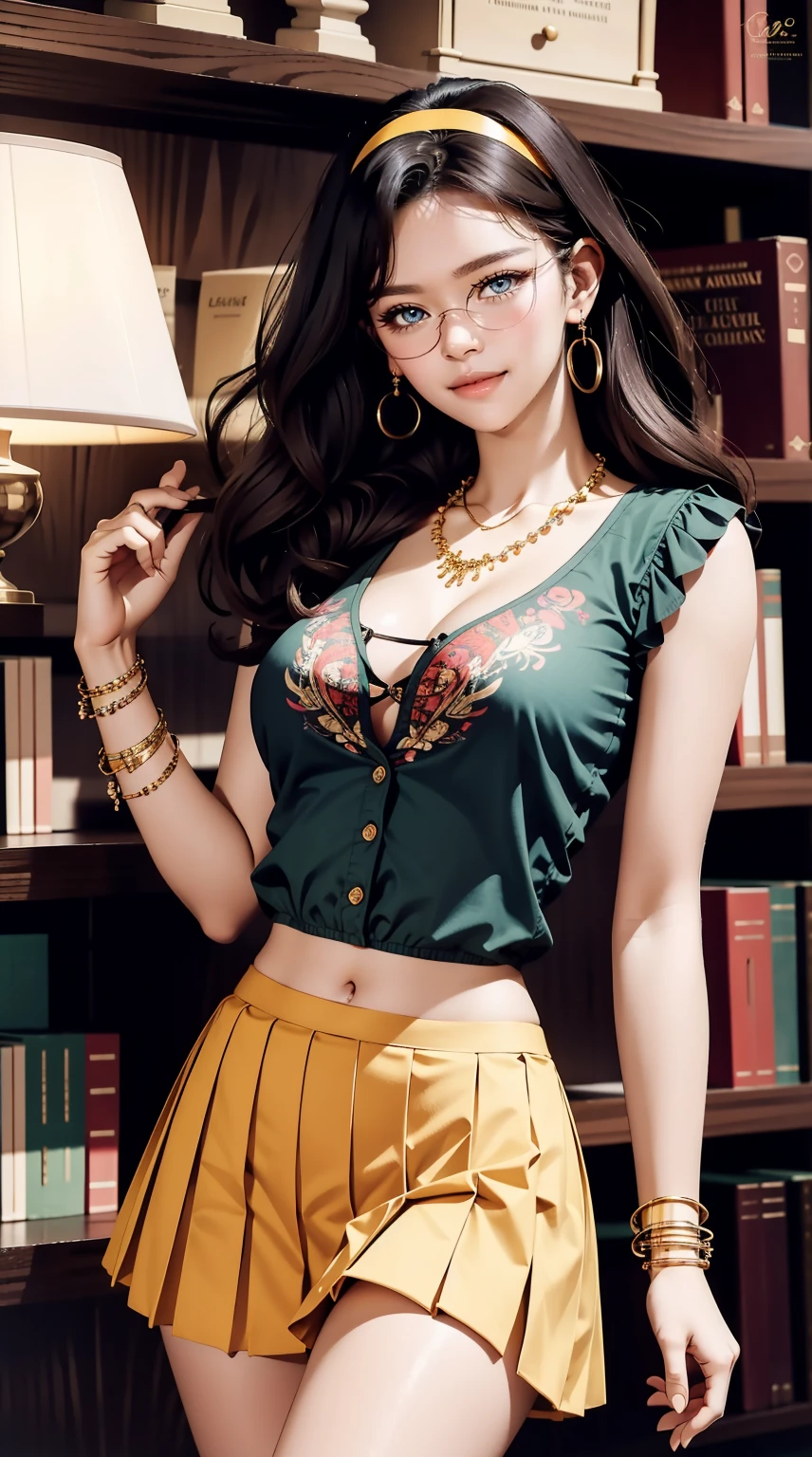 (masterpiece, best quality), 1 girl, curvaceous perfect body, nice breasts, wavy hair, hairband, glasses, printed blouse, pleated skirt, bracelet, necklace, library, natural lighting, standing pose, contrapposto, morning