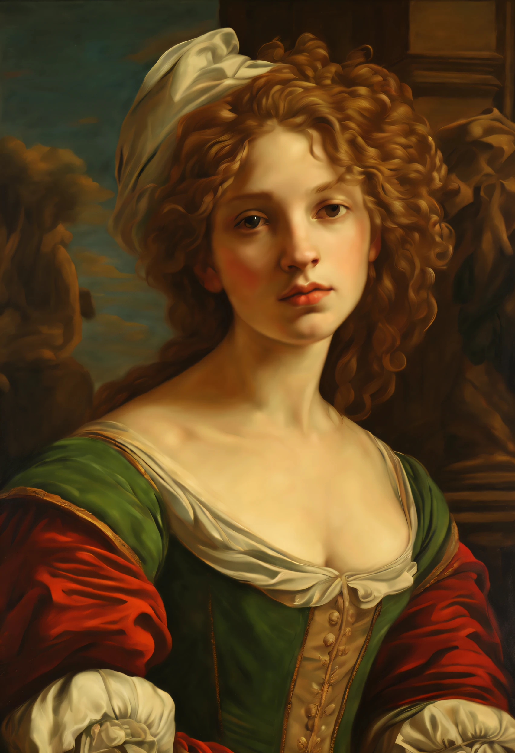 handsome girl, melancholy, ((in the style of Natale Schiavoni)),(Renaissance, baroque), ((Palette / oil painted)), ((tmasterpiece)), Impression ,extreme hight detail, perspective, 8K