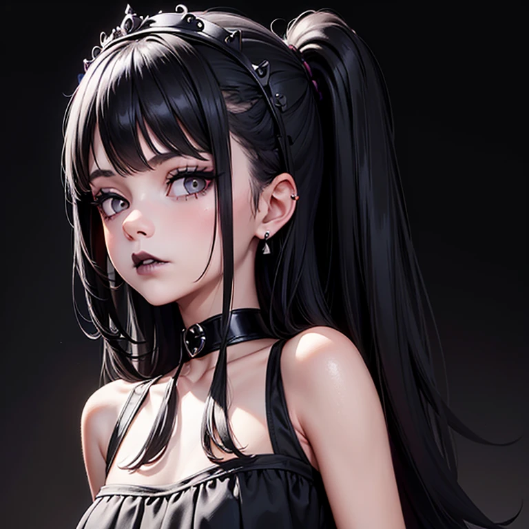 1girl, goth, goth girl, duchess, deadpan facial expression, long black hair, black eyes, black lipstick, black earrings, black tiara, black sleeveless dress, black choker, plain black background