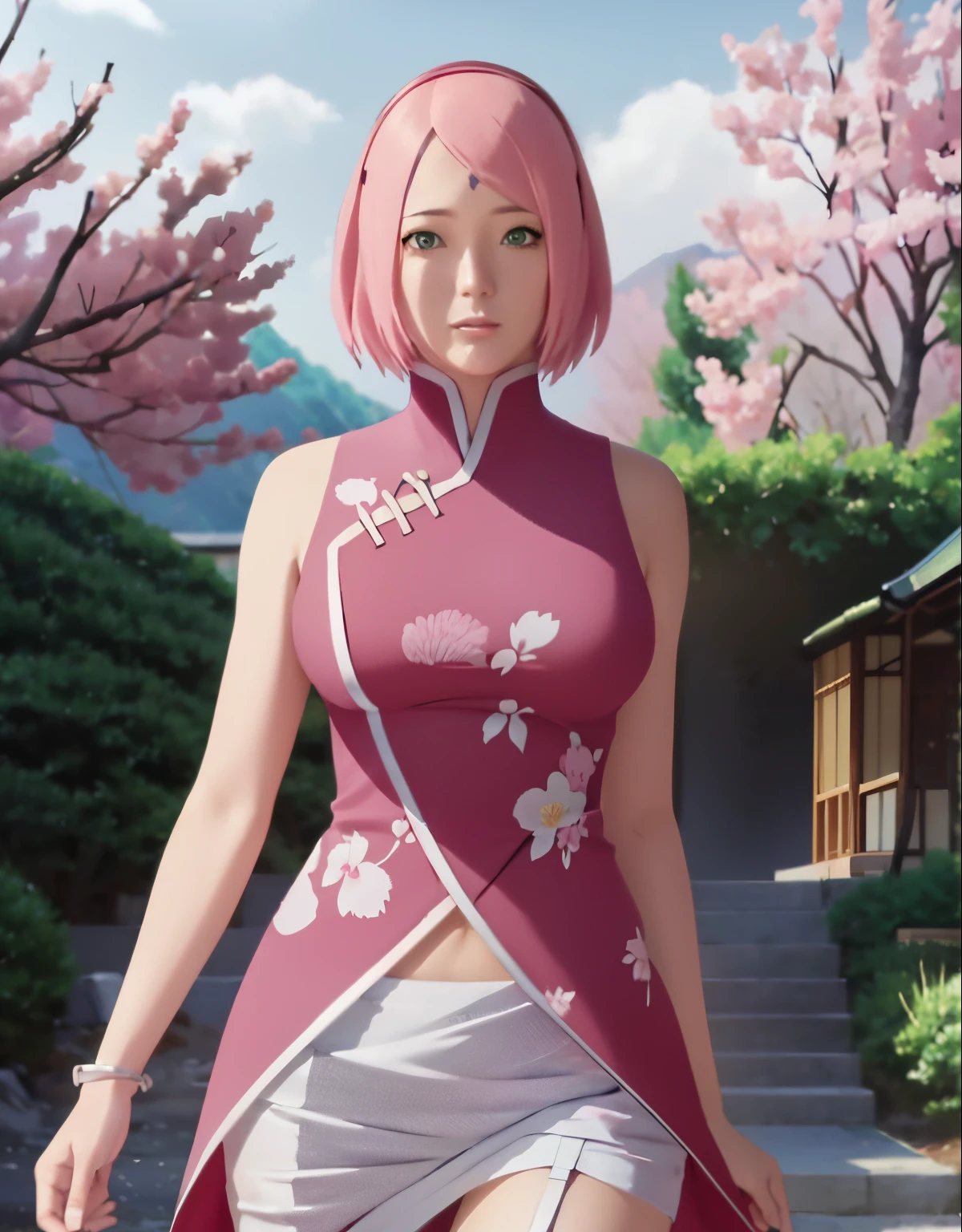 Best quality, 8k, 32k, Masterpiece, UHD:1.2), Photo of Pretty Japanese anime sakura, pink hair,medium size breasts, bob hairstyle, sexy girl, dramatic lighting, Chinese, Chinese dress