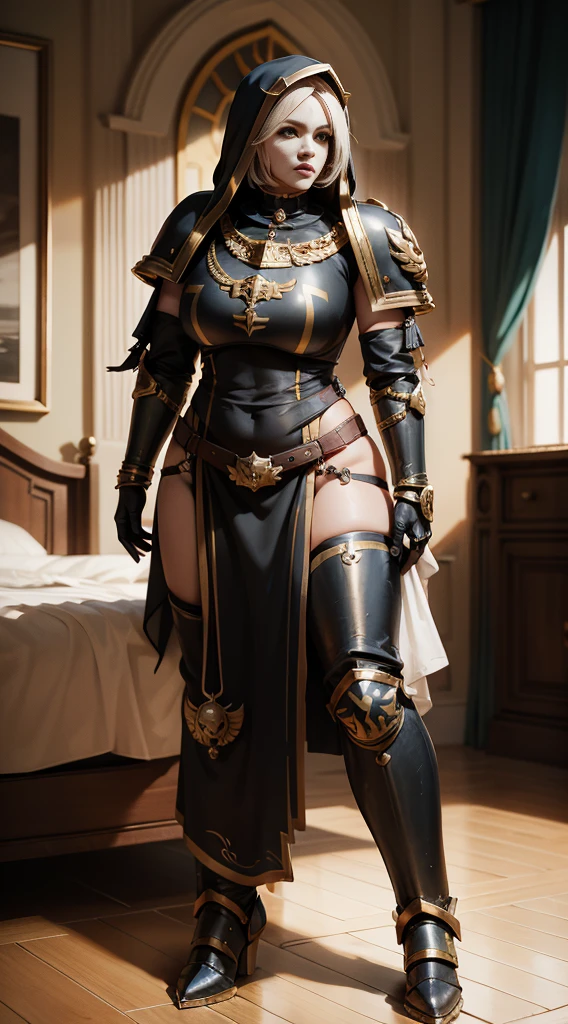 full body, standing on bed, masterpiece, best quality, ultra-detailed, absurdres, warhummer 40000, adepta sororitas, girl, 1 person, beautiful face, a beautiful face, the perfect face, sister battle, warrior sororitas, nun, sister, armor, heavy armor, metal boots, choker with golden cow bell attached it, hood, bracers