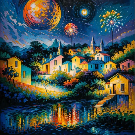 Uma bela casa moderna, colorful fireworks in the sky, pintura impressionista no estilo do artista Grandfailure, arte conceito no...
