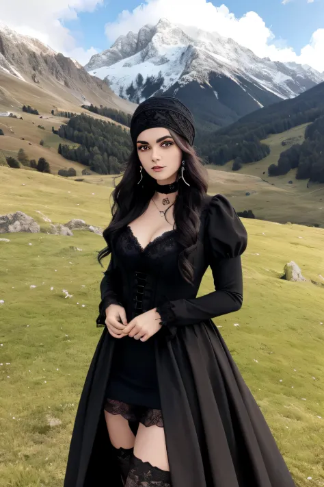 A Gothic Woman, gothic winter clothing, Cara en forma. 22year old, barbilla afilada, Cinematographer, foto en bruto, obra maestr...