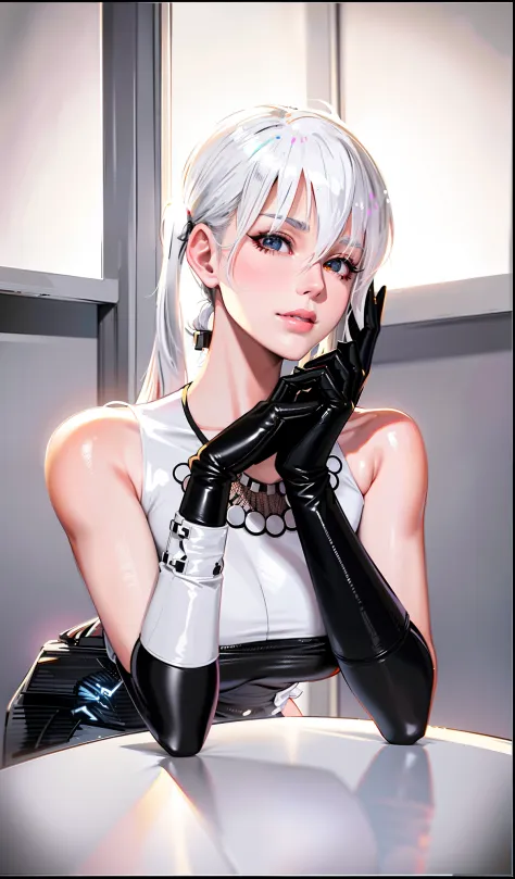 anime girl with white hair and black gloves posing for a picture, cyborg - girl with silver hair, tifa lockhart with white hair,...