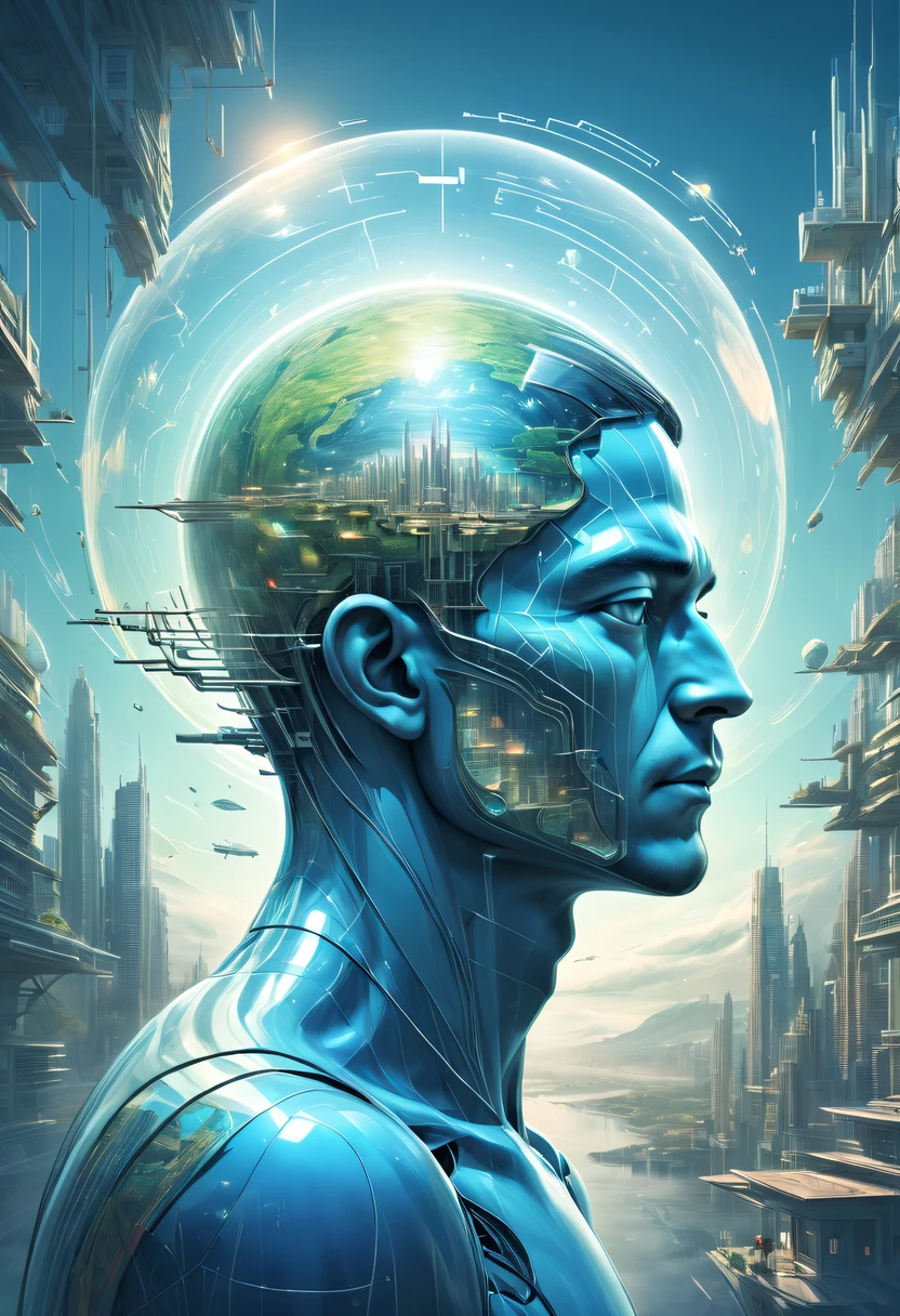 Dubrec style，Transparent person avatar，Visionary image of a future utopian world，（multiple exposure：1.8），Complex illustrations in surrealist art style，Surreal dreams，Future utopian world dream