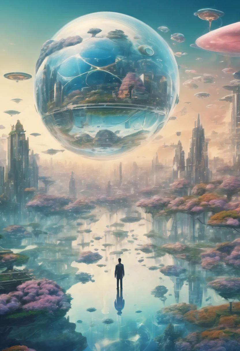Dubrec-Stil，Transparenter Avatar，Visionäres Bild einer zukünftigen utopischen Welt，（mehrfache Belichtung：1.8），Komplexe Illustrationen im surrealistischen Kunststil，Surreale Träume，Zukünftiger utopischer Welttraum