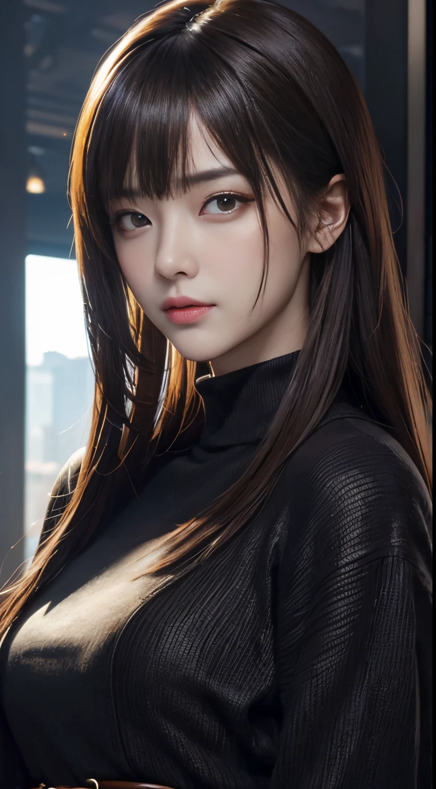 ​masterpiece, 1 beautiful girls, detaileds, Swollen eyes, top-quality, 超A high resolution, (Reality: 1.4), OriginalPhotographs, 1girl in, light, (A smile,:0.5) japanes, Asian Beauty, Korean, Proper, very extremely beautiful, Slightly younger face, Beautiful skins, slender, cyberpunk backgrouns, (A hyper-realistic), (illustratio), (hight resolution), (8K), (ighly detailed), (The best illustrations), (beautifully detailed eyes), (Ultra-detail), (wall-paper), (Detailed face), looking at the viewers, fine detailed, A detailed face、deep-shadows、Unobtrusive、pureerosfaceace_v1、46-point diagonal bangs、Facing straight ahead、(Dark red turtleneck low gauge knit blouse), Golden Buckle Belt, Black leather pants, ((dark brown duffel coat)),、Black colored eyes、