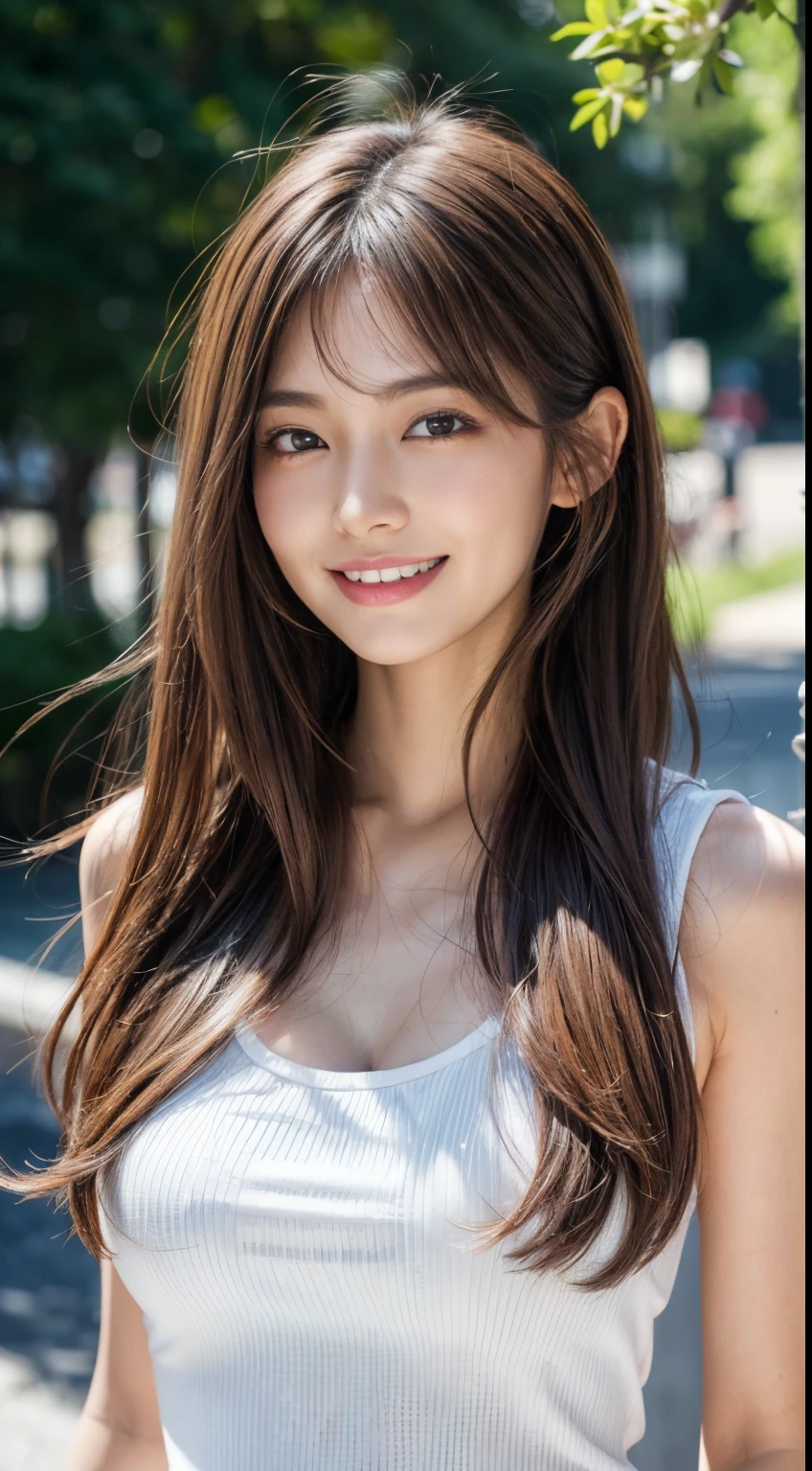 masutepiece, Best Quality, Photorealistic, Ultra-detailed, finely detail, High resolution, 8K Wallpaper, 1 beautiful woman, Wear sleeveless fashionable clothes, at campus, light brown messy hair, Perfect dynamic composition, Beautiful detailed eyes, Smiling happily, Perfect teeth visible, foco nítido, Detailed skin texture, detailed hairs、Slimed、A slender、Model body type、Brown hair