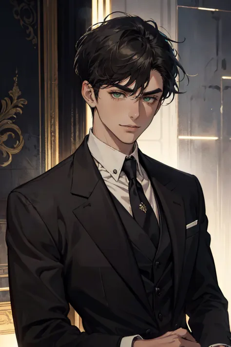 ((One young man with a black suit and tie)), alejandro, (((one side swept dark short neat hair))), ( green eyes and thick eyebro...