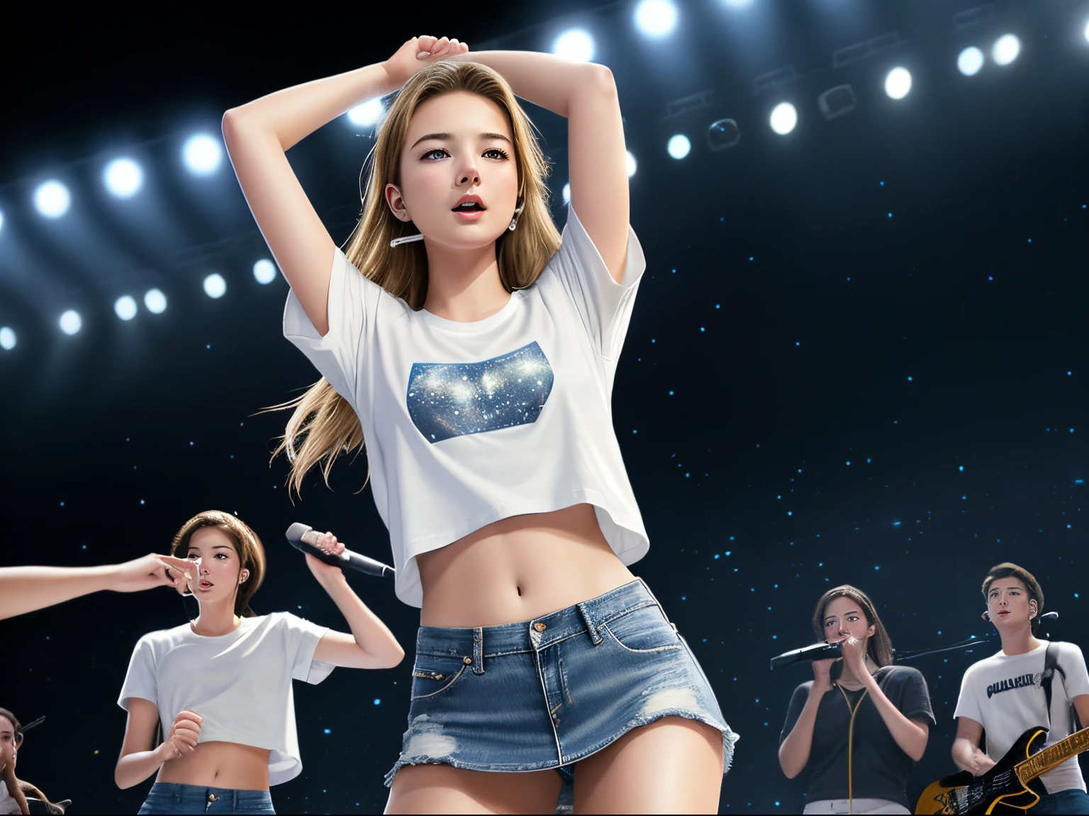 Araffe girl in a white shirt and denim shorts performing on stage - SeaArt  AI