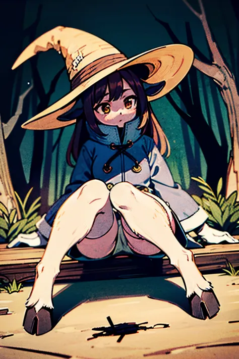 loli, goat horns, goat ears, brown hair, brown skin, saytr, minotarus bottom, goat legs, black mage clothes, yellow hat, (hairy legs:1.3), micro skirt, cowboyshot, forest, standing, fluffy, hairy, hooved legs, hooved legs, hooves, sitting