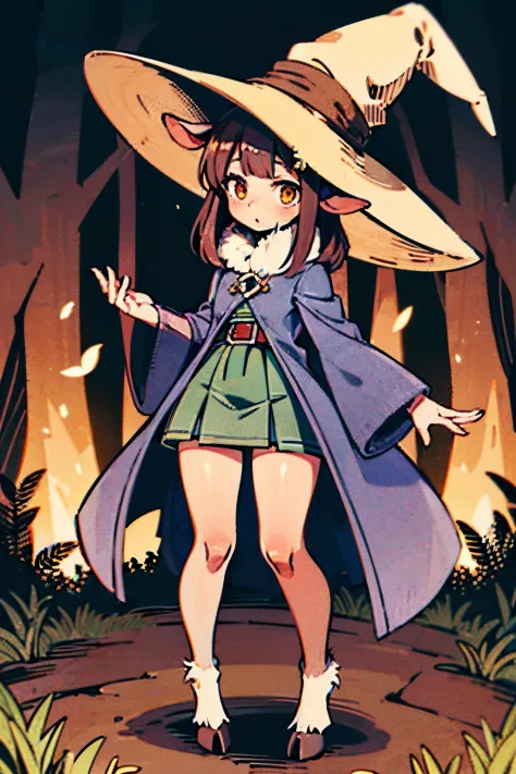 loli, goat horns, goat ears, brown hair, brown skin, saytr, minotarus bottom, goat legs, black mage clothes, yellow hat, (hairy legs:1.3), micro skirt, cowboyshot, forest, standing, fluffy, hairy, hooved legs, hooved legs, hooves, vibrant colors