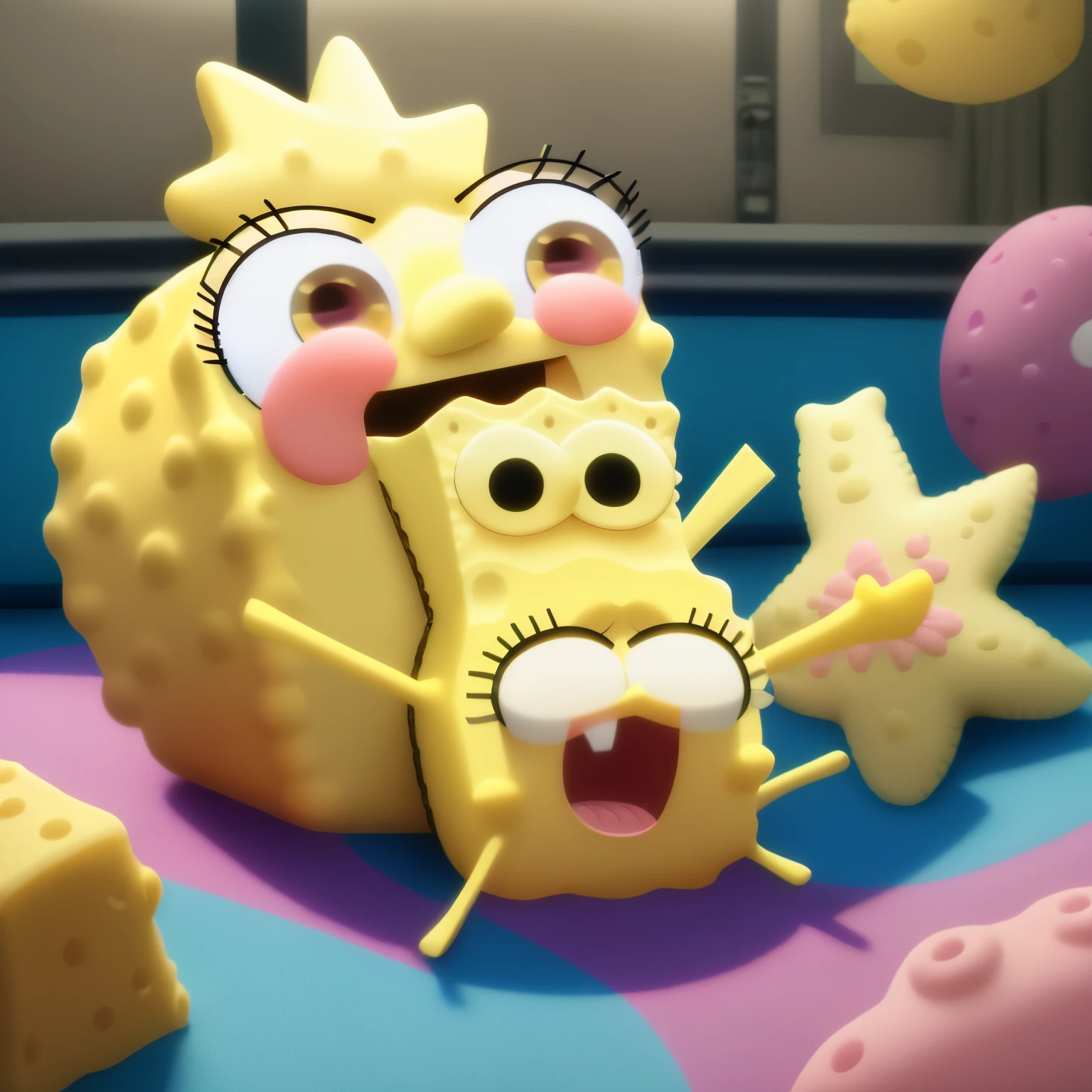 There are spongebob and other sponge - like toys on a table - SeaArt AI