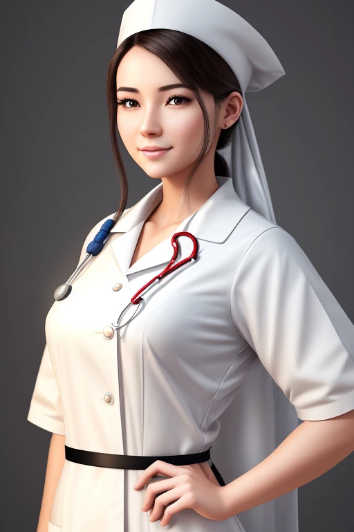 Create a digital illustration of a beautiful, professional nurse. She's about 1.60 m tall and wears traditional nursing attire with a white smock, clearly emphasizing her profession. Make sure the image is aesthetically pleasing while avoiding any nudity. Capture the nurse's grace and confidence in her working environment, with particular attention to her posture and character traits.