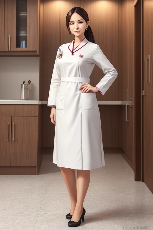 Create a digital illustration of a beautiful, professional nurse. She's about 1.60 m tall and wears traditional nursing attire with a white smock, clearly emphasizing her profession. Make sure the image is aesthetically pleasing while avoiding any nudity. Capture the nurse's grace and confidence in her working environment, with particular attention to her posture and character traits.