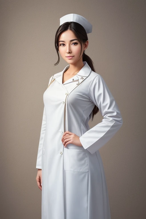 Create a digital illustration of a beautiful, professional nurse. She's about 1.60 m tall and wears traditional nursing attire with a white smock, clearly emphasizing her profession. Make sure the image is aesthetically pleasing while avoiding any nudity. Capture the nurse's grace and confidence in her working environment, with particular attention to her posture and character traits.