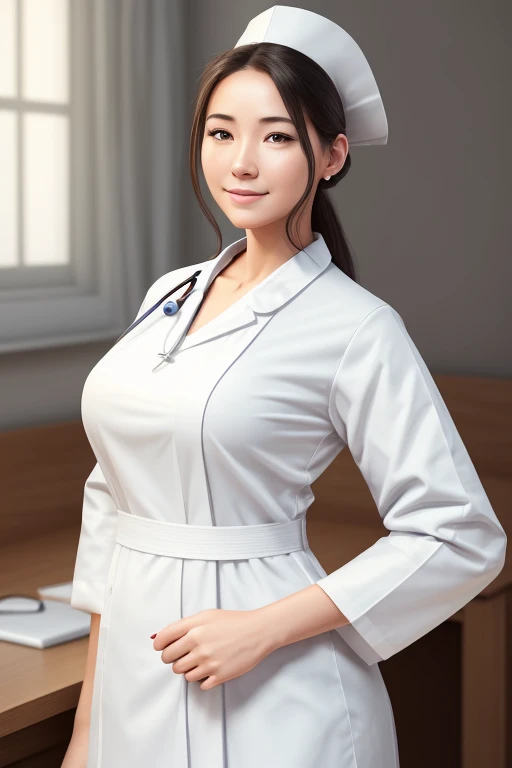 Create a digital illustration of a beautiful, professional nurse. She's about 1.60 m tall and wears traditional nursing attire with a white smock, clearly emphasizing her profession. Make sure the image is aesthetically pleasing while avoiding any nudity. Capture the nurse's grace and confidence in her working environment, with particular attention to her posture and character traits.